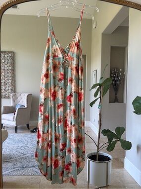 mahina Floral Maxi Dress in Mint Green with Red and Cream Blooms